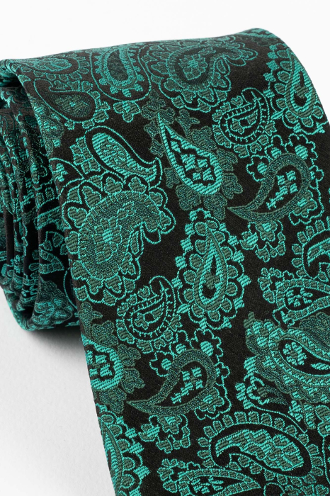 Cravata matase neagra cu imprimeu paisley verde [2]