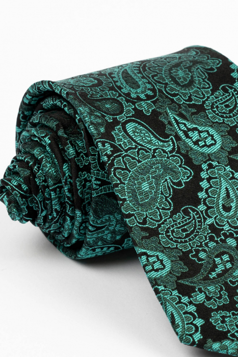 Cravata matase neagra cu imprimeu paisley verde [2]