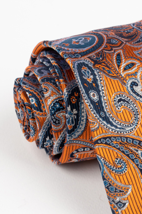 Cravata matase portocaliu cu imprimeu paisley albastru si argintiu [3]