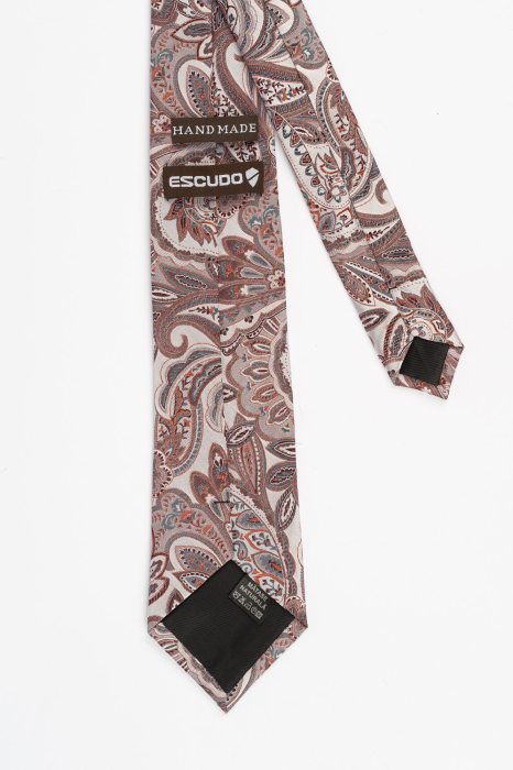 Cravata matase roz pal cu model floral gri si portocaliu [2]