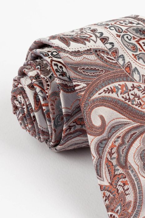 Cravata matase roz pal cu model floral gri si portocaliu [3]