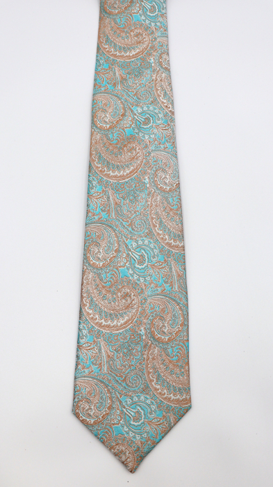 Cravată mătase naturală turcoaz cu model paisley auriu bronz [2]