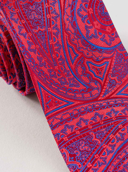 Cravata rosie din matase naturala cu model floral albastru [2]