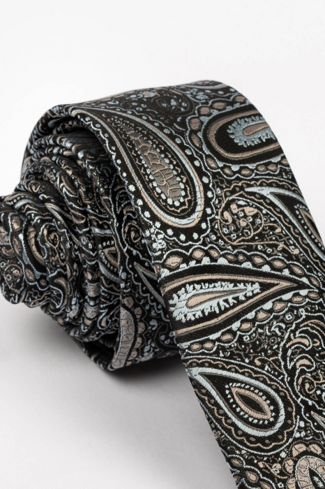 Cravata ingusta neagra cu imprimeu paisley maro si bleu [2]