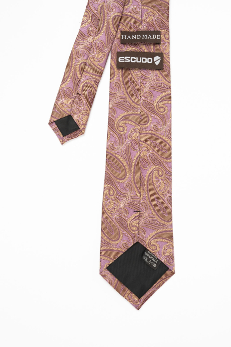 Cravata roz matase naturala cu paisley auriu [2]