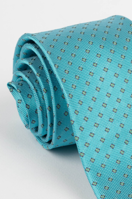 Cravata matase naturala turcoaz cu motive geometrice verzi [2]