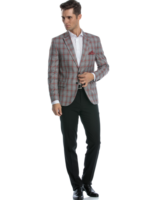 Sacou slim fit in carouri gri cu rosu [3]