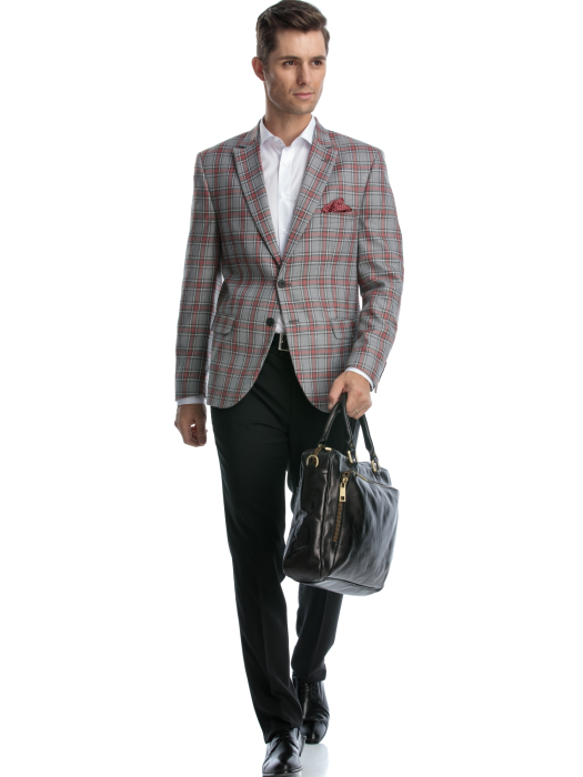 Sacou slim fit in carouri gri cu rosu [2]