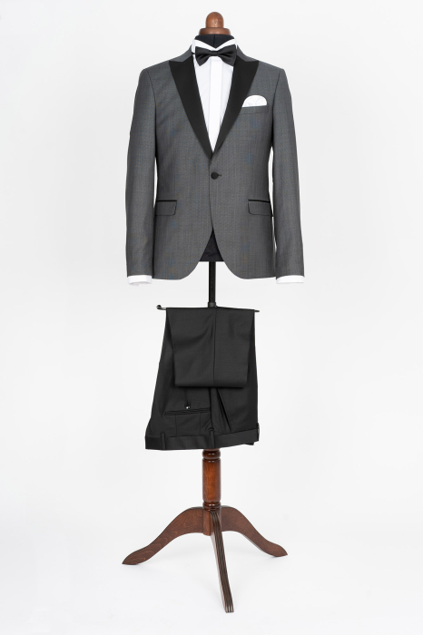 Sacou smoking slim gri cu lana si rever negru [2]