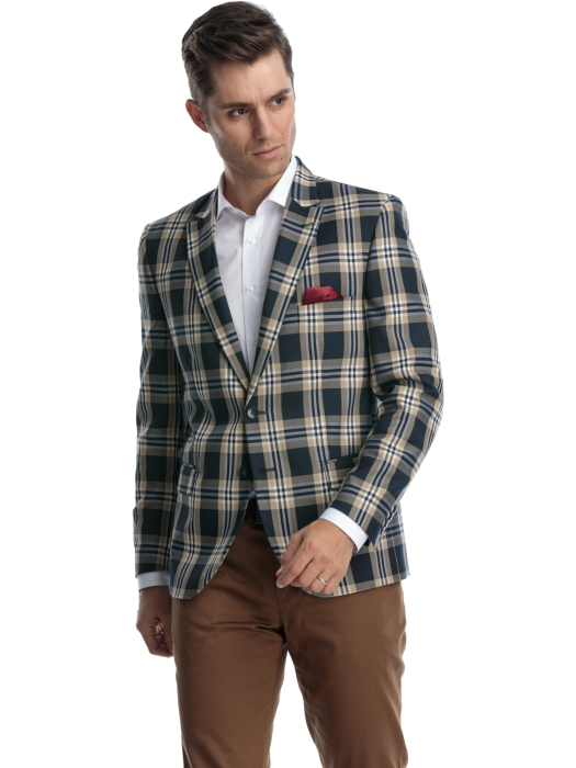 Sacou stofa slim in carouri bej cu bleumarin  [2]