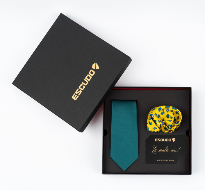 Set elegant 2 piese - cravata verde si batista galbena cu design [2]