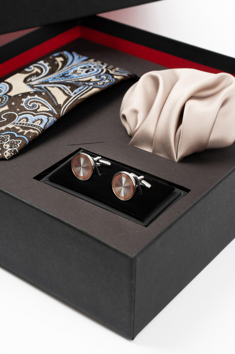 Set elegant 3 piese - cravata matase naturala si batista bej si butoni [2]