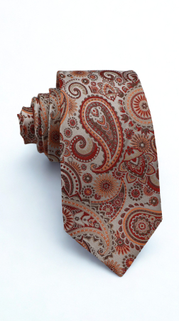 CRAVATE - Cravată mătase naturală ivory cu model paisley roșu, portocaliu și maro