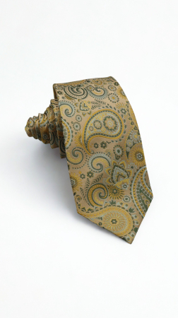 CRAVATE - Cravată mătase naturală aurie cu model paisley galben si verde-salvie