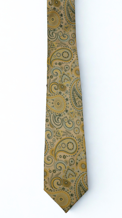 CRAVATE - Cravată mătase naturală aurie cu model paisley galben si verde-salvie