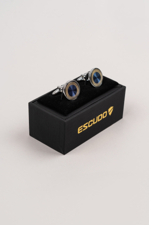 Butoni rotunzi argintii cu insertie bleumarin si aurie 25-07 [2]