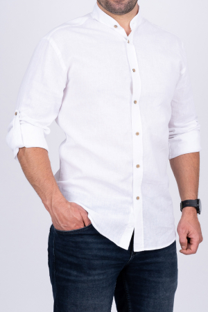 CAMASI DIN IN - Camasa alba casual barbati slim fit din in cu guler tunica