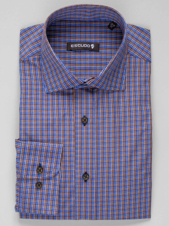 Camasa albastra regular fit cu caro maro [0]