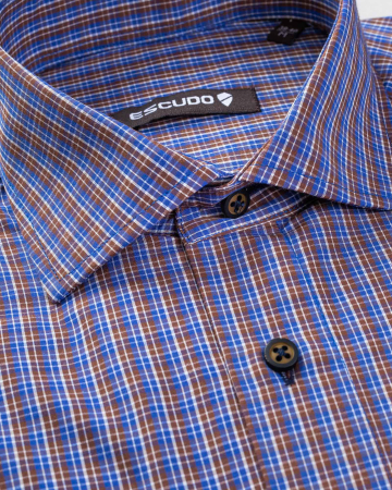 Camasa albastra regular fit cu caro maro [2]