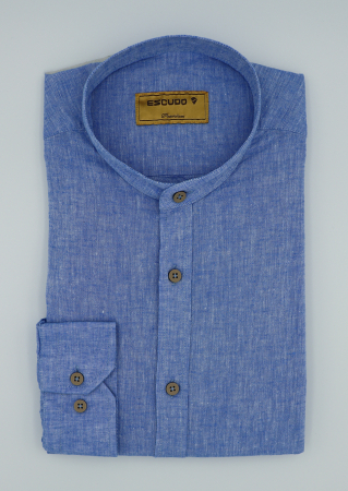 CAMASI DIN IN - Camasa albastra regular fit din in cu guler tunica pentru barbati 2XL