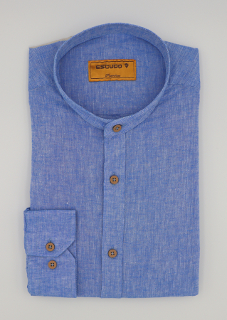 CAMASI DIN IN - Camasa albastra slim fit din in cu guler tunica pentru barbati 2XL
