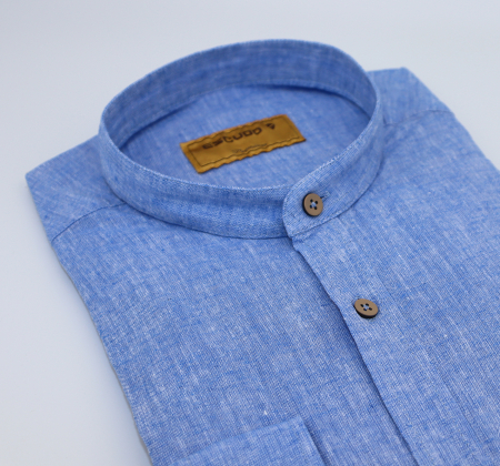 Camasa albastra slim fit din in cu guler tunica pentru barbati 2XL [3]
