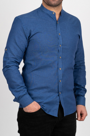 CAMASI DIN IN - Camasa barbati navy regular fit din in cu guler tunica PREMIUM
