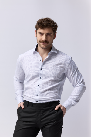 Camasa barbati inalti slim fit alba cu imprimeu bleumarin - TALL