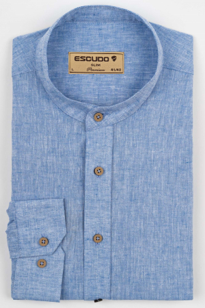 Camasa barbati albastra slim fit din in cu guler tunica PREMIUM [2]