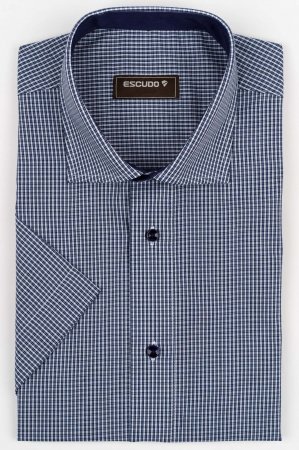 DUNGI SI CAROURI - Camasa barbati regular fit alba cu caro bleumarin cu maneca scurta