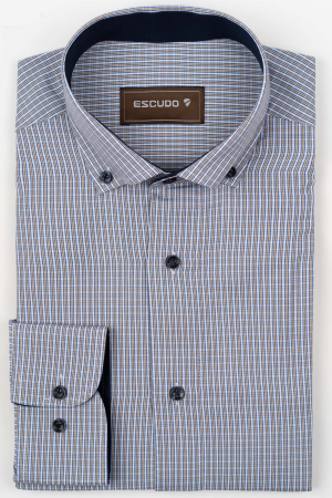 DUNGI SI CAROURI - Camasa barbati regular fit alba cu caro maro si albastru 2XL