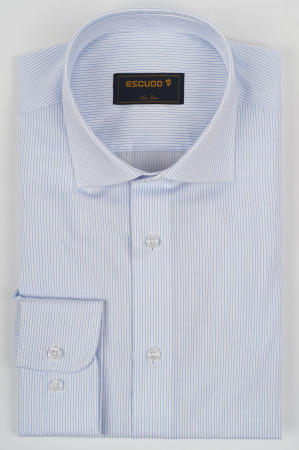 CAMASI CU DUNGI SI CAROURI - Camasa barbati regular fit alba cu dungi fine bleu NON-IRON