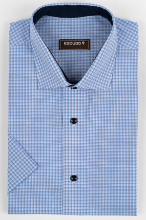 CAMASI CU MANECA SCURTA - Camasa barbati regular fit bleu cu caro alb cu maneca scurta 2XL-3XL