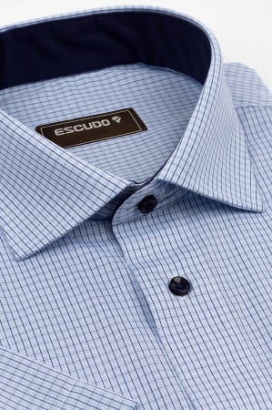 DUNGI SI CAROURI - Camasa barbati regular fit bleu cu caro bleumarin si alb cu maneca scurta
