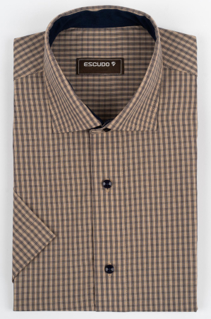CAMASI CU MANECA SCURTA - Camasa barbati regular fit cappuccino cu caro navy cu maneca scurta