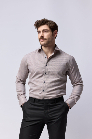 CAMASI CU IMPRIMEURI - Camasa barbati regular fit cappuccino cu imprimeu bleumarin