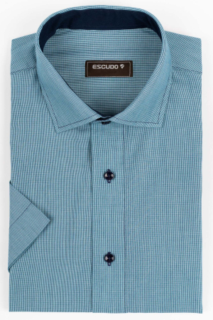 CAMASI CU MANECA SCURTA - Camasa barbati regular fit turcoaz cu imprimeu liniar bleumarin cu maneca scurta