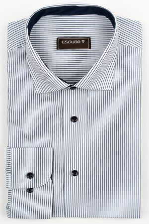 CAMASI CU DUNGI SI CAROURI - Camasa barbati slim fit alba cu dungi fine navy