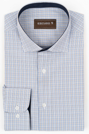 DUNGI SI CAROURI - Camasa barbati slim fit alba cu caro albastru si maro