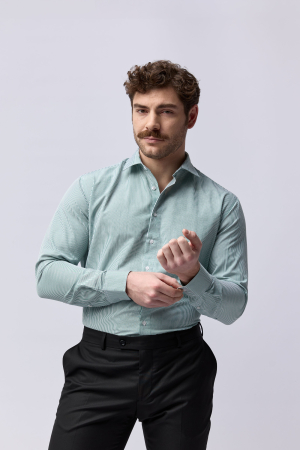 CAMASI CU DUNGI SI CAROURI - Camasa barbati slim fit alba cu dungi verzi