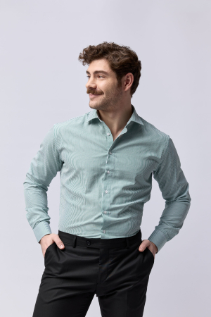 CAMASI CU DUNGI SI CAROURI - Camasa barbati slim fit alba cu dungi verzi