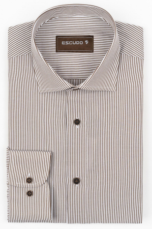 CAMASI CU DUNGI SI CAROURI - Camasa barbati slim fit alba cu dungi maro 2XL