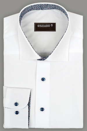 CLASICE - Camasa barbati slim fit alba cu insertie bleumarin cu flori la guler