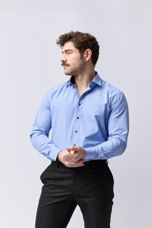 CAMASI CU DUNGI SI CAROURI - Camasa barbati slim fit bleu cu caro gri si alb