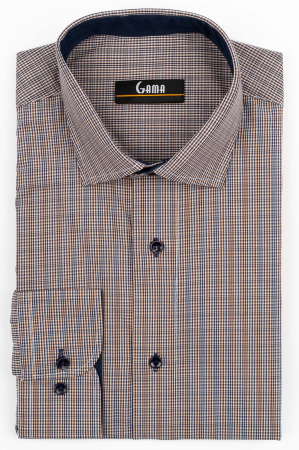 CAMASI CU DUNGI SI CAROURI - Camasa barbati regular fit bleumarin cu caro fin alb si maro-deschis