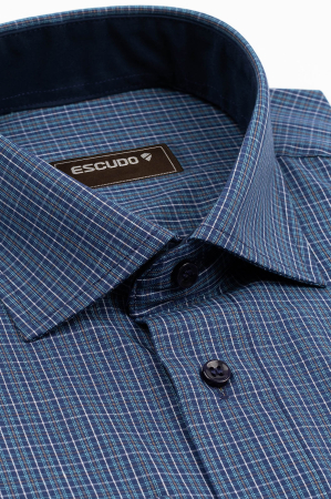 CAMASI CU DUNGI SI CAROURI - Camasa barbati slim fit bleumarin cu caro fin turcoaz, alb si auriu