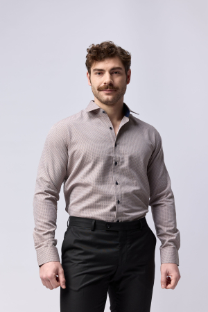 CAMASI CU IMPRIMEURI - Camasa barbati slim fit cappuccino cu imprimeu bleumarin