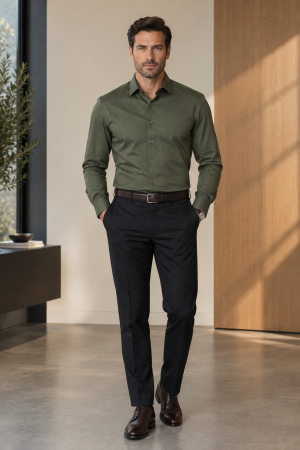 CAMASI CLASICE - Camasa barbati slim fit kaki PREMIUM