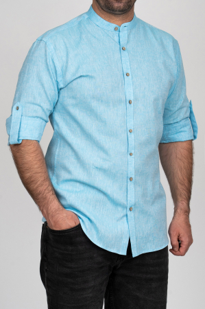 CAMASI DIN IN - Camasa barbati slim fit turcoaz din in PREMIUM - guler tunica