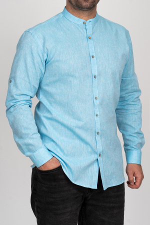 CAMASI DIN IN - Camasa barbati slim fit turcoaz din in PREMIUM - guler tunica